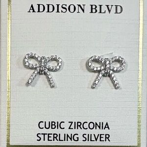NWT, Bow Stud Earrings, Sterling Silver and Cubic Zirconia with Gift Box